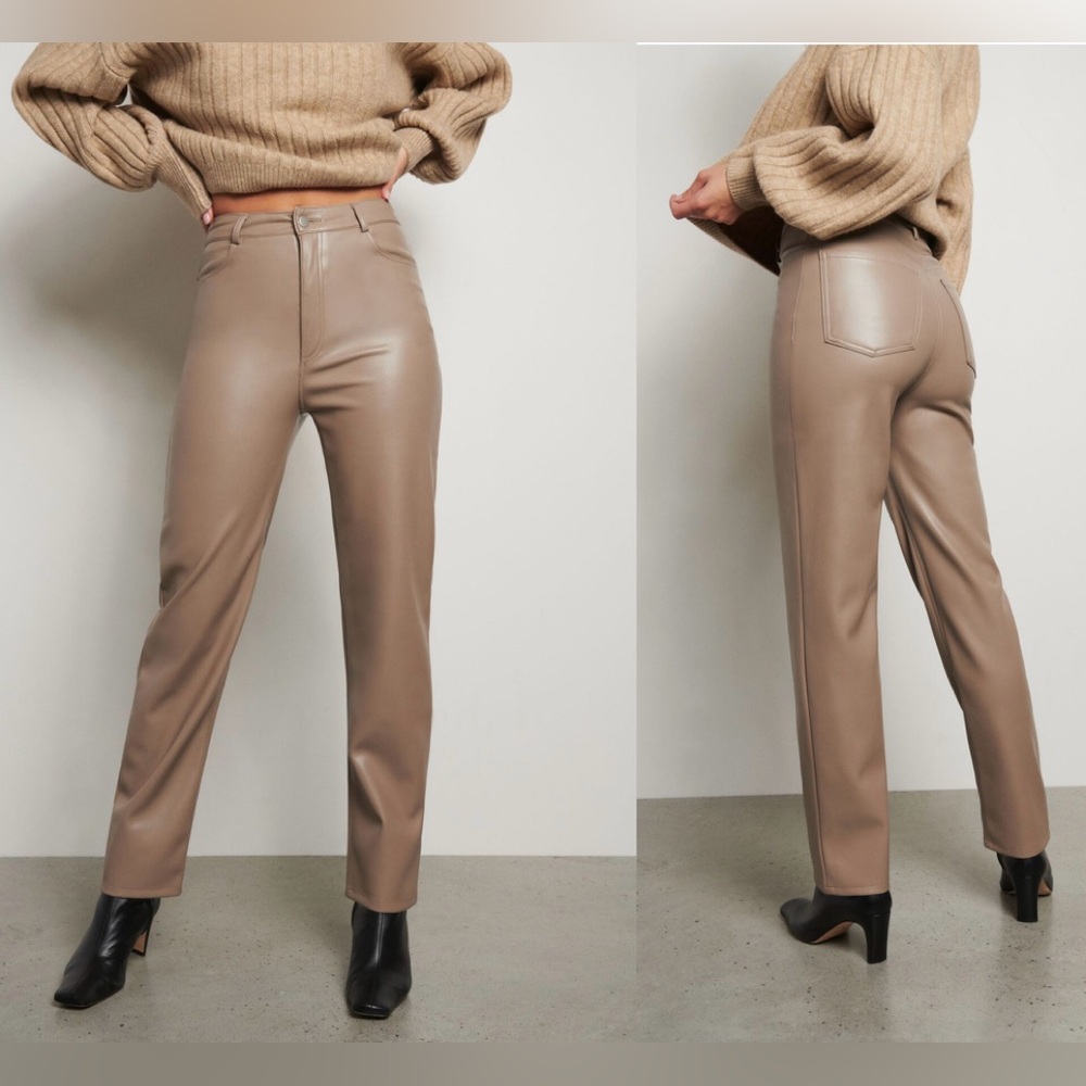 Dynamite Gisele Taupe brown Faux Leather Pleather Vegan straight leg Pants Sz 6